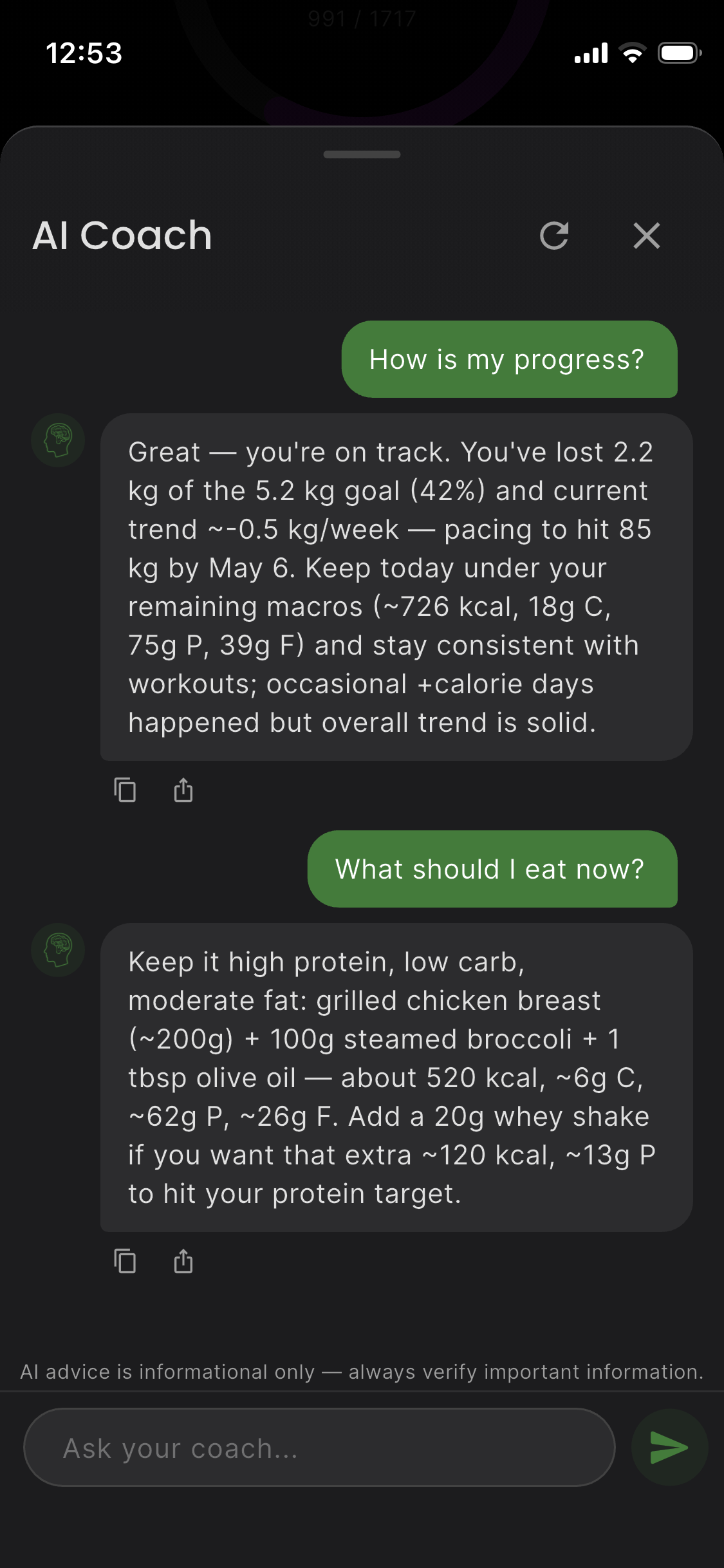 AI Coach chat - personalized diet advice based on your data