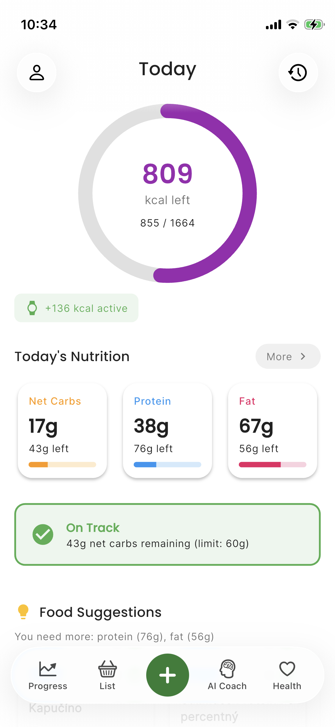 Dashboard with calorie ring, macro summary and recent meals