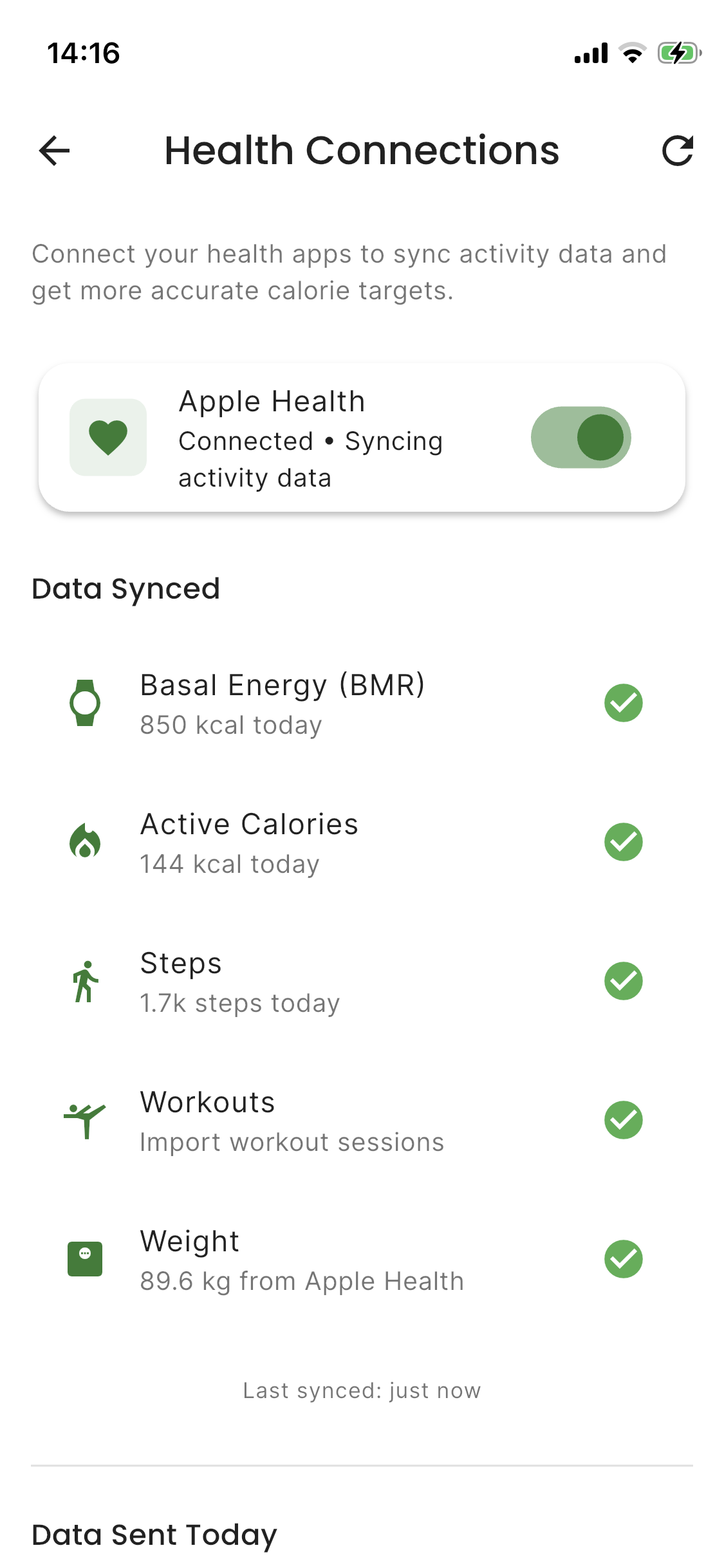 Apple Health sync - BMR, active calories, steps, workouts and weight