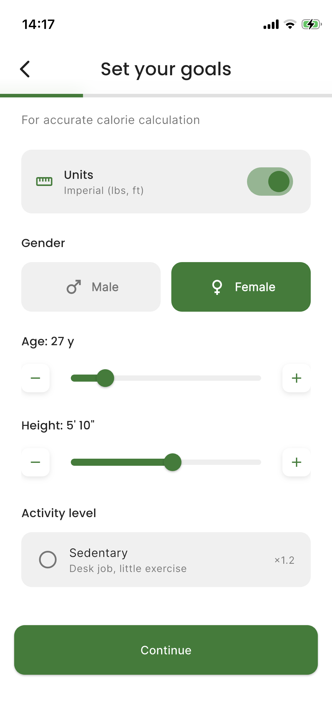 Set your goals - profile setup with age, height, weight and activity level