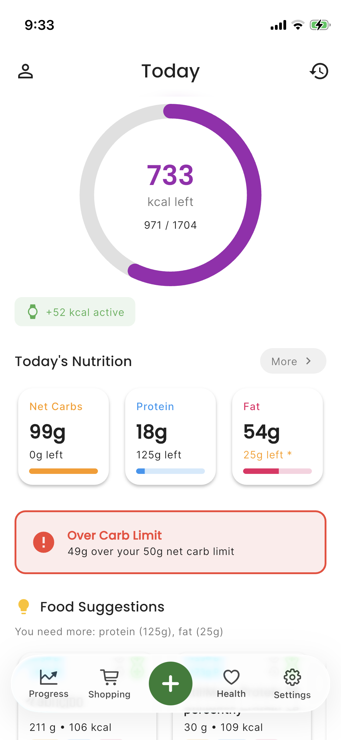 Track progress - daily dashboard with calorie ring and macro summary